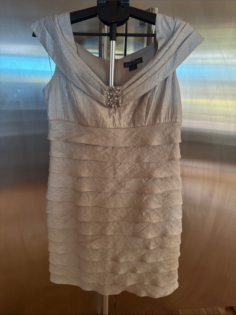 Jessica Howard Silver Tiered Cocktail Dress with Pearl Accent